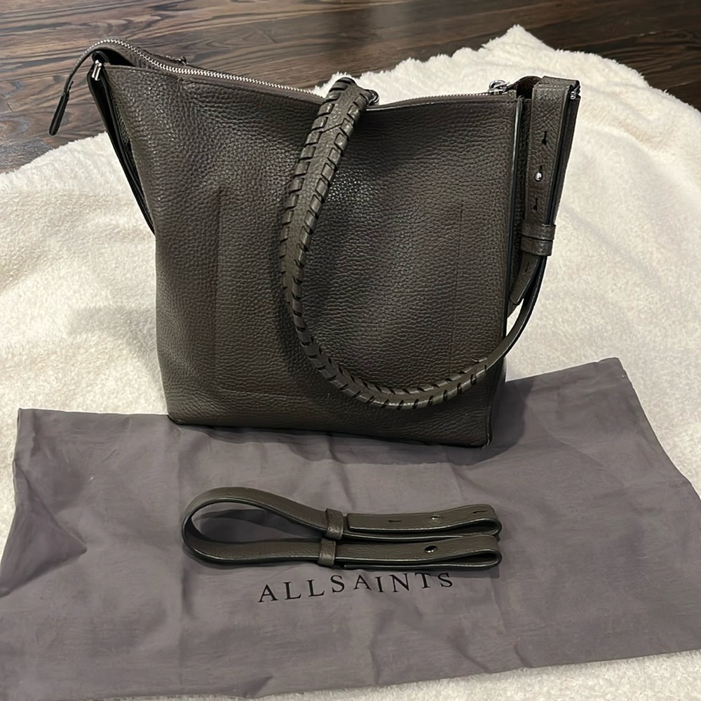 AllSaints Dove grey Leather Crossbody Tote with Braided Strap (w/o small bag)